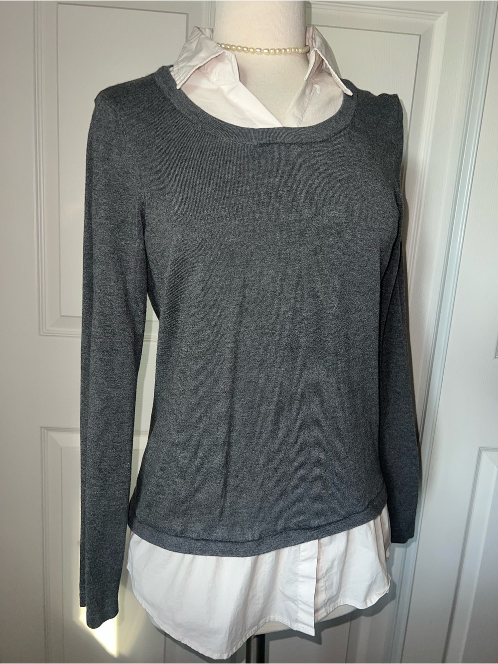 Faded Glory Charcoal Layered-Look Knit Top with Shirt Hem